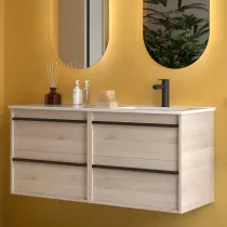 Ensemble COMPLET ATTILA 121cm Ch&ecirc;ne naturel meuble 4 tiroirs + vasque avec plan &agrave; gauche + miroir + Led - SALGAR R&eacute;f. 119846