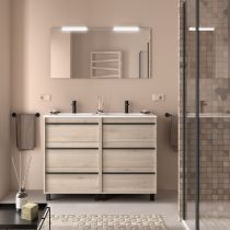 Ensemble COMPLET ATTILA 121cm Chêne naturel meuble 6 tiroirs + vasque + miroir + Led - SALGAR Réf. 105234