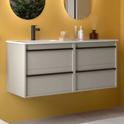Ensemble COMPLET ATTILA 121cm Gris satin� meuble 4 tiroirs + vasque avec plan � droite + miroir + Led - SALGAR R�f. 119840