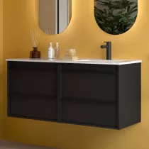 Ensemble COMPLET ATTILA 121cm Noir satin&eacute; meuble 4 tiroirs + vasque avec plan &agrave; gauche + miroir + Led - SALGAR R&eacute;f. 119842