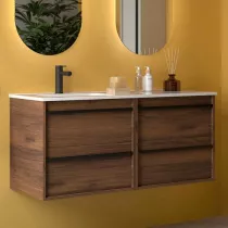Ensemble COMPLET ATTILA 121cm Noyer maya meuble 4 tiroirs + vasque avec plan &agrave; droite + miroir + Led - SALGAR R&eacute;f. 119839
