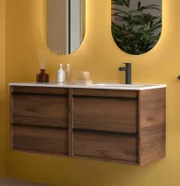 Ensemble COMPLET ATTILA 121cm Noyer maya meuble 4 tiroirs + vasque avec plan &agrave; gauche + miroir + Led - SALGAR R&eacute;f. 119848