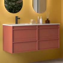 Ensemble COMPLET ATTILA 121cm Rouge satin&eacute; meuble 4 tiroirs + vasque avec plan &agrave; droite + miroir + Led - SALGAR R&eacute;f. 119836