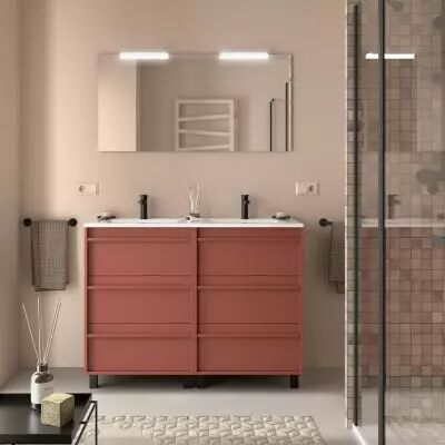 Ensemble COMPLET ATTILA 121cm Rouge satin� meuble 6 tiroirs + vasque + miroir + Led - SALGAR R�f. 105233