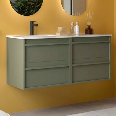 Ensemble COMPLET ATTILA 121cm Vert satin� meuble 4 tiroirs + vasque avec plan � droite + miroir + Led - SALGAR R�f. 119835