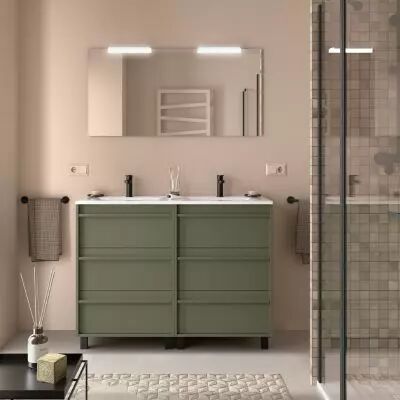 Ensemble COMPLET ATTILA 121cm Vert satin� meuble 6 tiroirs + vasque + miroir + Led - SALGAR R�f. 105232
