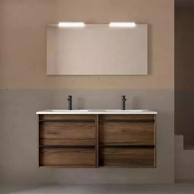 Ensemble COMPLET ATTILA 141cm Noyer Maya meuble 4 tiroirs + vasque + miroir + Led - SALGAR R�f. 104937