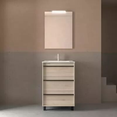 Ensemble COMPLET ATTILA 61cm Ch�ne naturel meuble 3 tiroirs + vasque + miroir + Led - SALGAR R�f. 105209