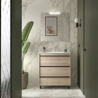 Ensemble COMPLET ATTILA 81cm Ch�ne naturel meuble 3 tiroirs + vasque + miroir + Led - SALGAR R�f. 105217
