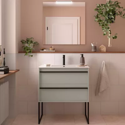 Ensemble COMPLET ATTILA 81cm Gris satin� meuble 2 tiroirs + vasque + miroir + Led - SALGAR R�f. 117991