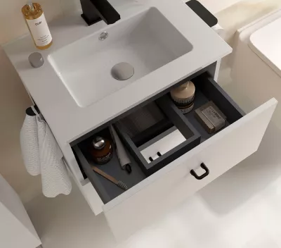 Ensemble COMPLET INARA 50cm Blanc satin� meuble 2 tiroirs + vasque + miroir - SALGAR R�f. 113666
