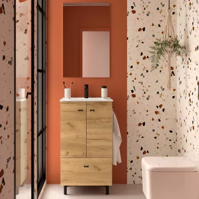 Ensemble COMPLET INARA 50cm Ch�ne africain meuble 2 portes 1 tiroir + vasque + miroir - SALGAR R�f. 113712