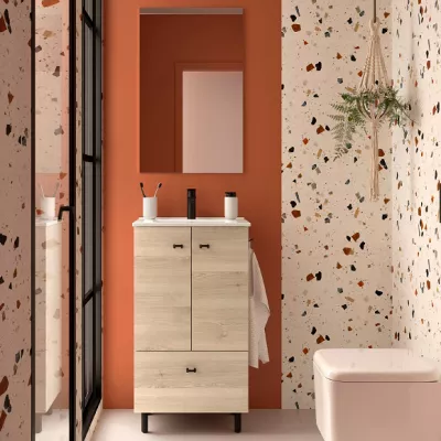 Ensemble COMPLET INARA 50cm Ch�ne naturel meuble 2 portes 1 tiroir + vasque + miroir  - SALGAR R�f. 113713