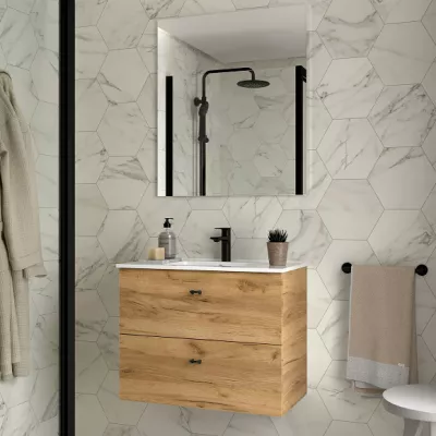 Ensemble COMPLET INARA 70cm Ch�ne africain meuble 2 tiroirs + vasque + miroir - SALGAR R�f. 113671