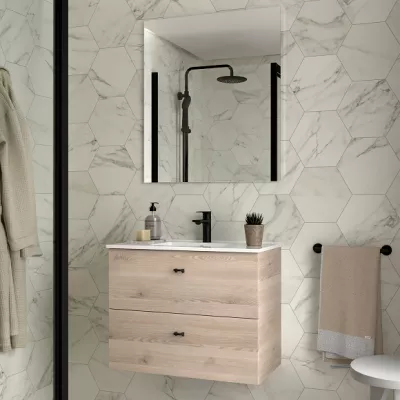 Ensemble COMPLET INARA 70cm Ch�ne naturel meuble 2 tiroirs + vasque + miroir - SALGAR R�f. 113672