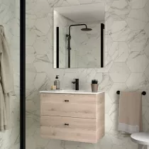 Ensemble COMPLET INARA 70cm Ch&ecirc;ne naturel meuble 2 tiroirs + vasque + miroir - SALGAR R&eacute;f. 113672