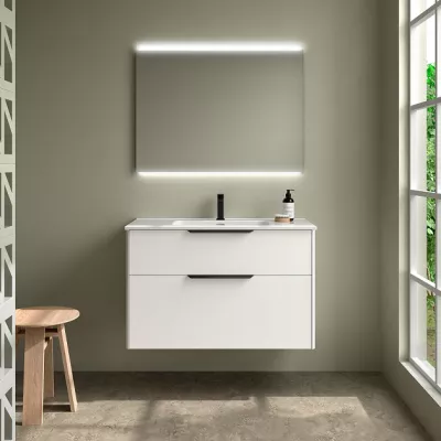 Ensemble COMPLET LUVA 101cm Blanc satin� meuble 2 tiroirs + vasque + miroir (poign�es en option)  - SALGAR R�f. 119858