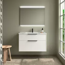 Ensemble COMPLET LUVA 101cm Blanc satin&eacute; meuble 2 tiroirs + vasque + miroir (poign&eacute;es en option)  - SALGAR R&eacute;f. 119858