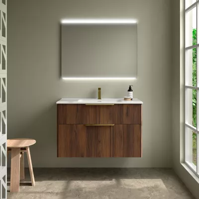 Ensemble COMPLET LUVA 101cm Noyer maya meuble 2 tiroirs + vasque + miroir (poign�es en option) - SALGAR R�f. 119859
