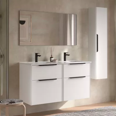 Ensemble COMPLET LUVA 121cm Blanc satin� meuble 4 tiroirs + vasque + miroir (poign�es en option)  - SALGAR R�f. 119862