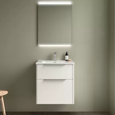 Ensemble COMPLET LUVA 61cm Blanc satin� meuble 2 tiroirs + vasque + miroir (poign�es en option) - SALGAR R�f. 119850