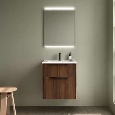 Ensemble COMPLET LUVA 61cm Noyer maya meuble 2 tiroirs + vasque + miroir (poign�es en option) - SALGAR R�f. 119851