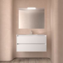 Ensemble COMPLET NOJA 101cm Blanc satiné meuble 2 tiroirs + vasque + miroir + Led - SALGAR Réf. 105427