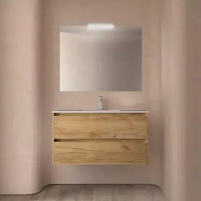 Ensemble COMPLET NOJA 101cm Ch�ne Africain meuble 2 tiroirs + vasque + miroir + Led - SALGAR R�f. 105433