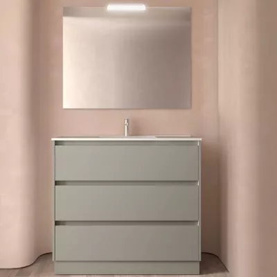 Ensemble COMPLET NOJA 101cm Gris satin� meuble 3 tiroirs + vasque + miroir + Led - SALGAR R�f. 118573