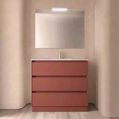 Ensemble COMPLET NOJA 101cm Rouge satin� meuble 3 tiroirs + vasque + miroir + Led - SALGAR R�f. 106192
