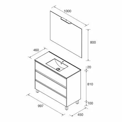 Ensemble COMPLET NOJA 101cm Vert satin� meuble 3 tiroirs + vasque + miroir + Led - SALGAR R�f. 106191