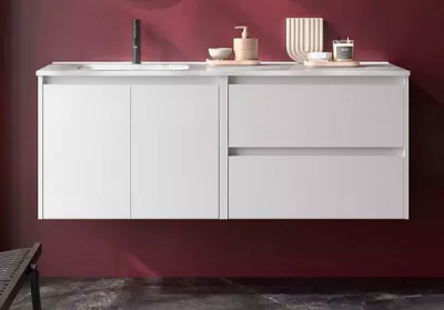 Ensemble COMPLET NOJA 120cm Blanc brillant 2 tiroirs 2 portes + vasque / plan � droite  + miroir + Led - SALGAR R�f. 119715