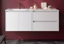 Ensemble COMPLET NOJA 120cm Blanc brillant 2 tiroirs 2 portes + vasque / plan &agrave; droite  + miroir + Led - SALGAR R&eacute;f. 119715