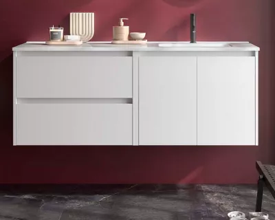 Ensemble COMPLET NOJA 120cm Blanc brillant 2 tiroirs 2 portes + vasque / plan � gauche + miroir + Led - SALGAR R�f. 119725