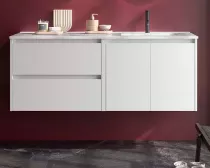 Ensemble COMPLET NOJA 120cm Blanc brillant 2 tiroirs 2 portes + vasque / plan &agrave; gauche + miroir + Led - SALGAR R&eacute;f. 119725