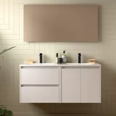 Ensemble COMPLET NOJA 120cm Blanc brillant meuble 2 tiroirs 2 portes + vasques + miroir + Led - SALGAR R�f. 119245