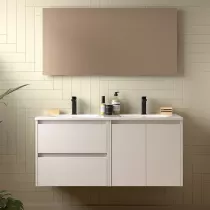 Ensemble COMPLET NOJA 120cm Blanc brillant meuble 2 tiroirs 2 portes + vasques + miroir + Led - SALGAR R&eacute;f. 119245