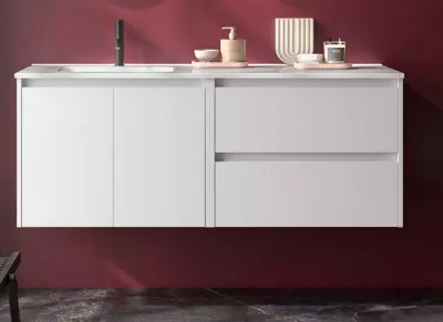 Ensemble COMPLET NOJA 120cm Blanc satin� 2 tiroirs 2 portes + vasque / plan � droite + miroir + Led - SALGAR R�f. 119716