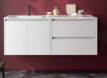 Ensemble COMPLET NOJA 120cm Blanc satin&eacute; 2 tiroirs 2 portes + vasque / plan &agrave; droite + miroir + Led - SALGAR R&eacute;f. 119716