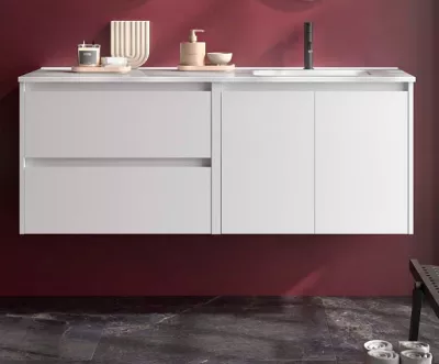 Ensemble COMPLET NOJA 120cm Blanc satin� 2 tiroirs 2 portes + vasque / plan � gauche + miroir + Led - SALGAR R�f. 119726