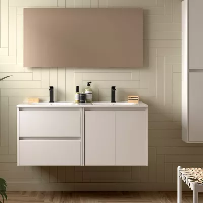 Ensemble COMPLET NOJA 120cm Blanc satin� meuble 2 tiroirs 2 portes + vasques + miroir + Led - SALGAR R�f. 119246