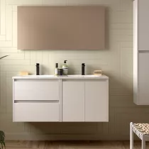 Ensemble COMPLET NOJA 120cm Blanc satin&eacute; meuble 2 tiroirs 2 portes + vasques + miroir + Led - SALGAR R&eacute;f. 119246