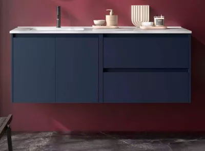 Ensemble COMPLET NOJA 120cm Bleu satin� 2 tiroirs 2 portes + vasque / plan � droite + miroir + Led- SALGAR R�f. 119718