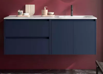 Ensemble COMPLET NOJA 120cm Bleu satin� 2 tiroirs 2 portes + vasque / plan � gauche + miroir + Led - SALGAR R�f. 119728