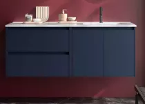 Ensemble COMPLET NOJA 120cm Bleu satin&eacute; 2 tiroirs 2 portes + vasque / plan &agrave; gauche + miroir + Led - SALGAR R&eacute;f. 119728