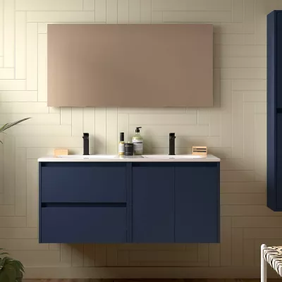 Ensemble COMPLET NOJA 120cm Bleu satin� meuble 2 tiroirs 2 portes + vasques + miroir + Led - SALGAR R�f. 119248