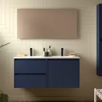 Ensemble COMPLET NOJA 120cm Bleu satin&eacute; meuble 2 tiroirs 2 portes + vasques + miroir + Led - SALGAR R&eacute;f. 119248