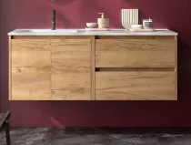 Ensemble COMPLET NOJA 120cm Ch&ecirc;ne africain 2 tiroirs 2 portes + vasque / plan &agrave; droite + miroir + Led - SALGAR R&eacute;f. 119722