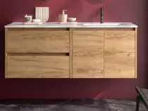 Ensemble COMPLET NOJA 120cm Ch&ecirc;ne africain 2 tiroirs 2 portes + vasque / plan &agrave; gauche + miroir + Led - SALGAR R&eacute;f. 119732