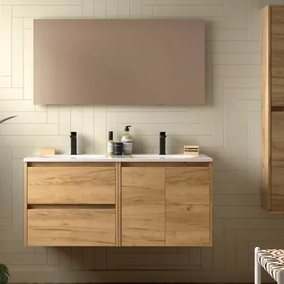 Ensemble COMPLET NOJA 120cm Ch�ne africain meuble 2 tiroirs 2 portes + vasques + miroir + Led - SALGAR R�f. 119252
